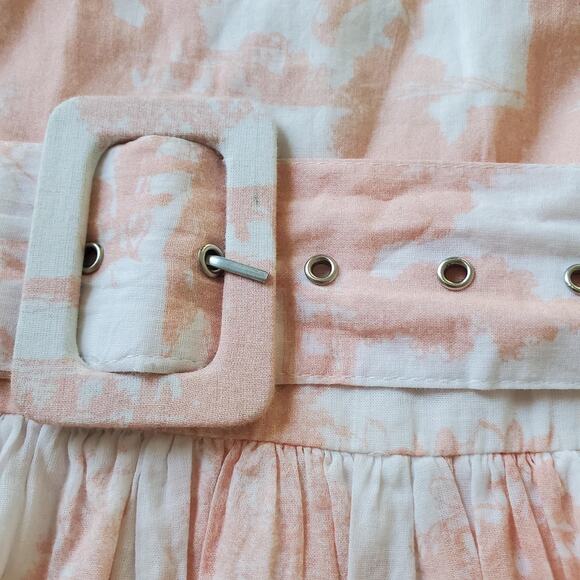 JESSAKAE Dress Womens Small Pink White Belted Tiered Maxi V Neck Toile Print - Picture 5 of 13